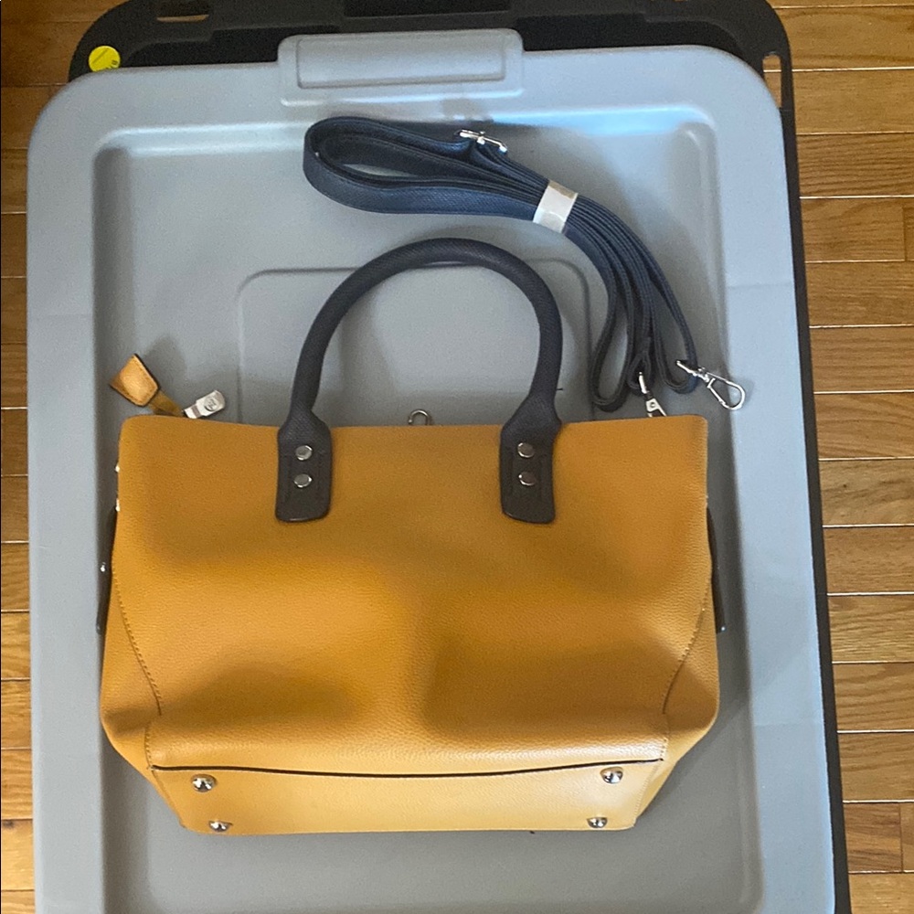 Stylish Tan and Black Handbag with Strap